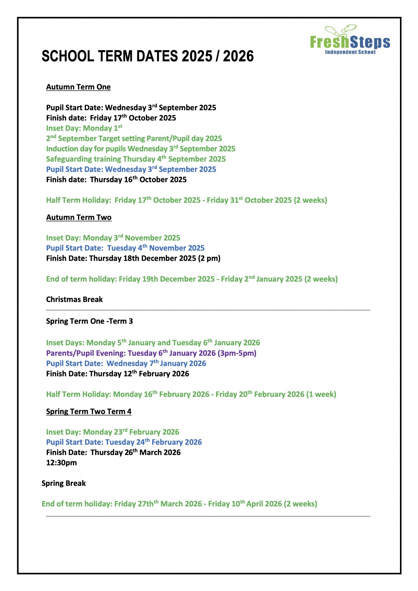 Freshsteps Term Dates 2025 2026 1