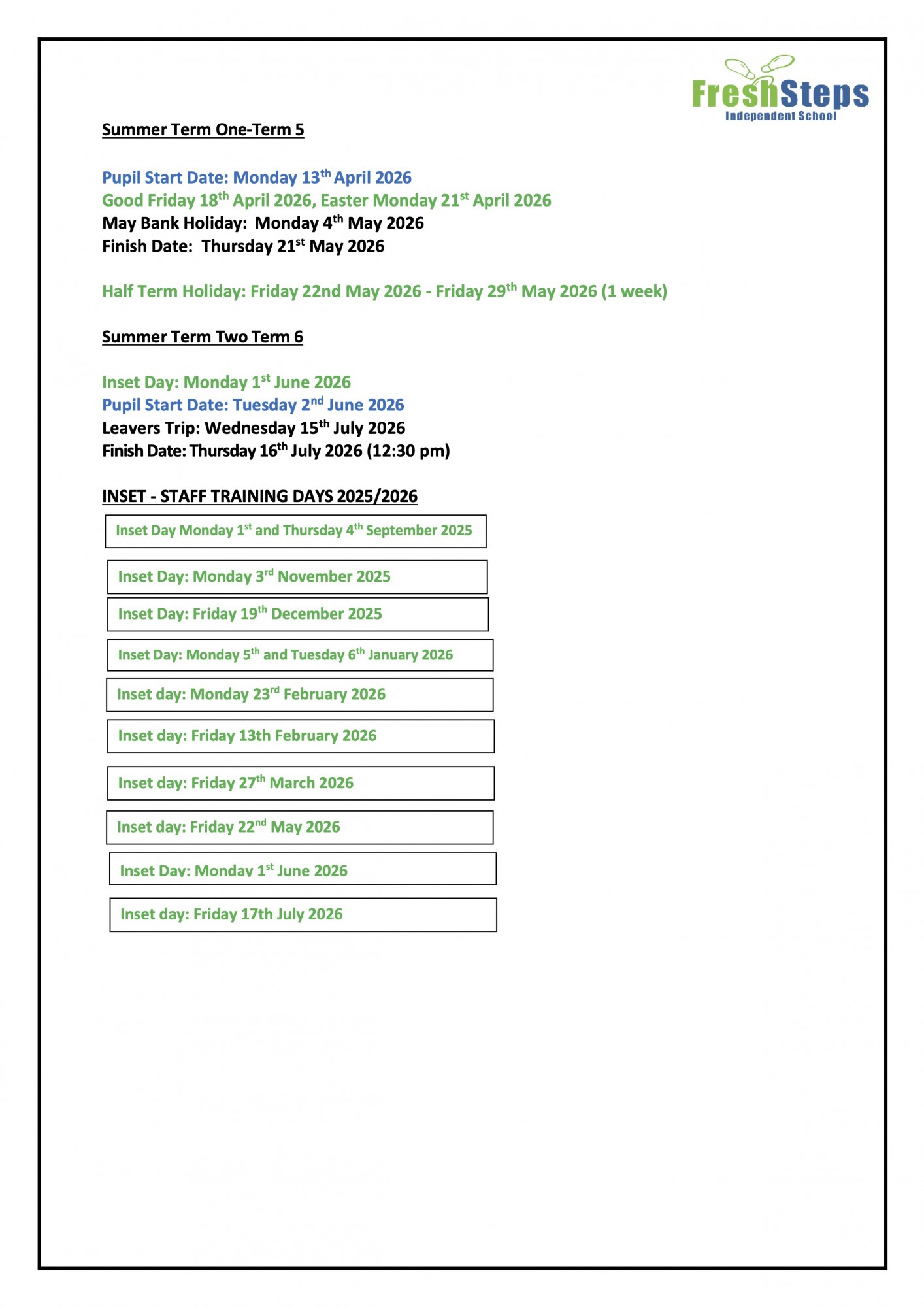 Freshsteps Term Dates 2025 2026